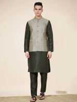 Dark Green Pure Silk Readymade Kurta Pajama With Jacket